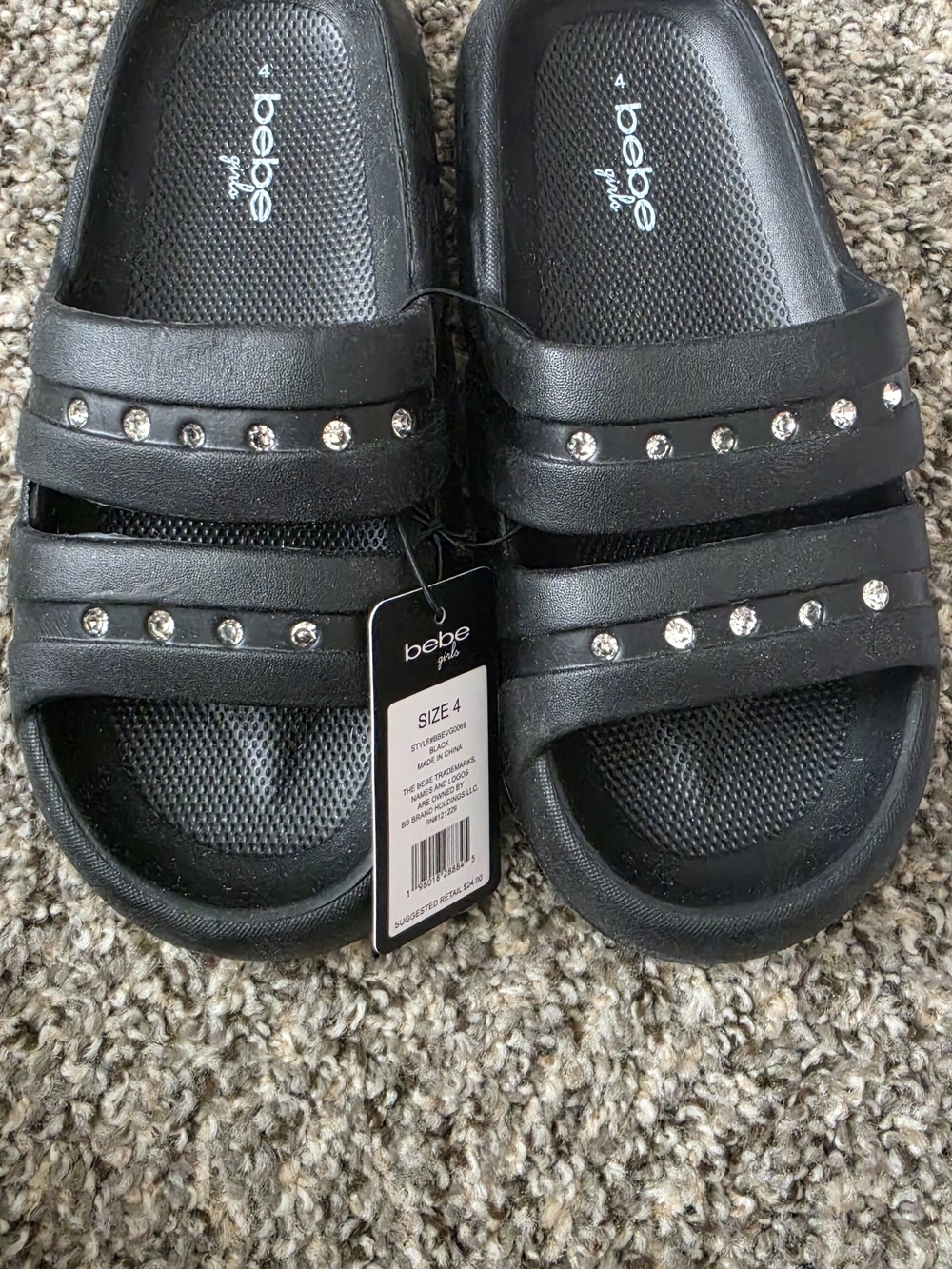 Bebe Girls Black Slide Sandals Rhinestone Logo Pool Slides Size 4./8.5inches
